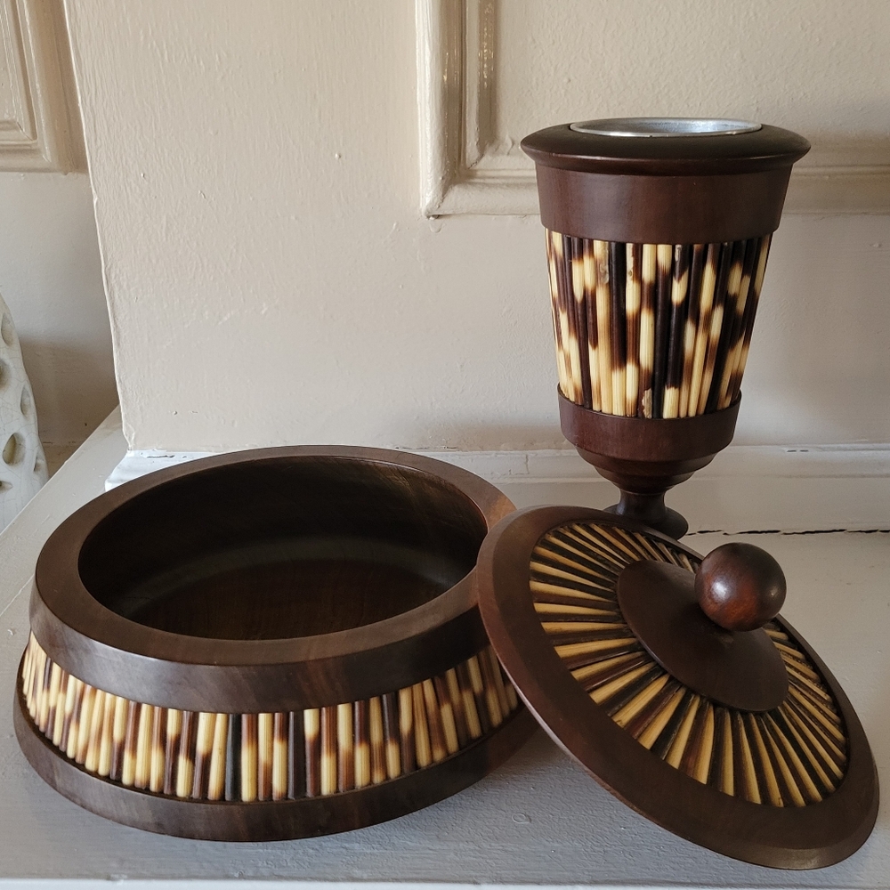 RARE! Large Porcupine Quill & Olive Wood Curio Box & Chalice